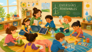 Taller de energías renovables para colegios con niños experimentando con paneles solares y molinillos de viento