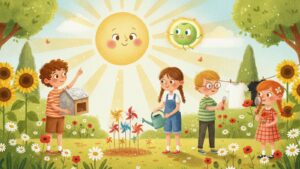 Niños haciendo experimentos de energía solar e hidráulica en el jardín en verano con Solta el sol y Vis