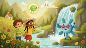 Martín y Emma descubren con Vis y Turbi la turbina cómo la fuerza del agua de una cascada se convierte en energía hidráulica